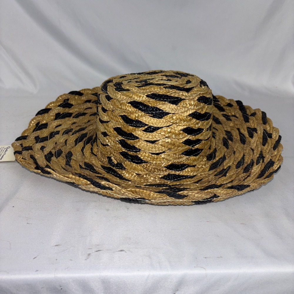 NWT Woven Straw Hat Wide Brim Black Animal Print Beach Casual Sun Hat NEW - Picture 4 of 11